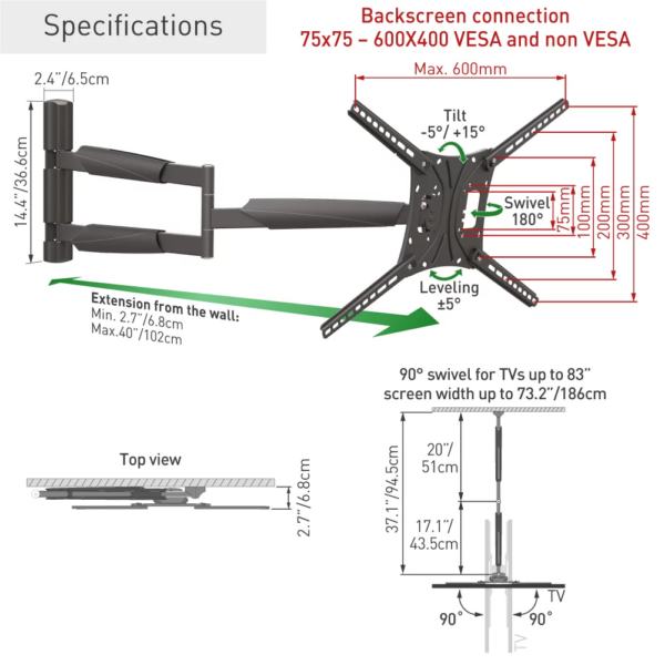 Barkan 13" to 83" Movement TV Wall Mount - Image 2