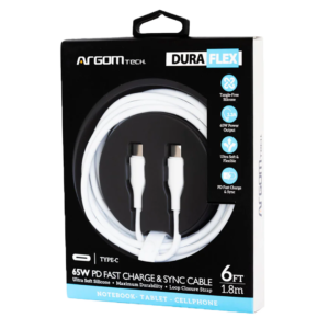 Argom Tech Dura Flex Type-C To Type-C 65W Silicone Cable - White 6ft/1.8m