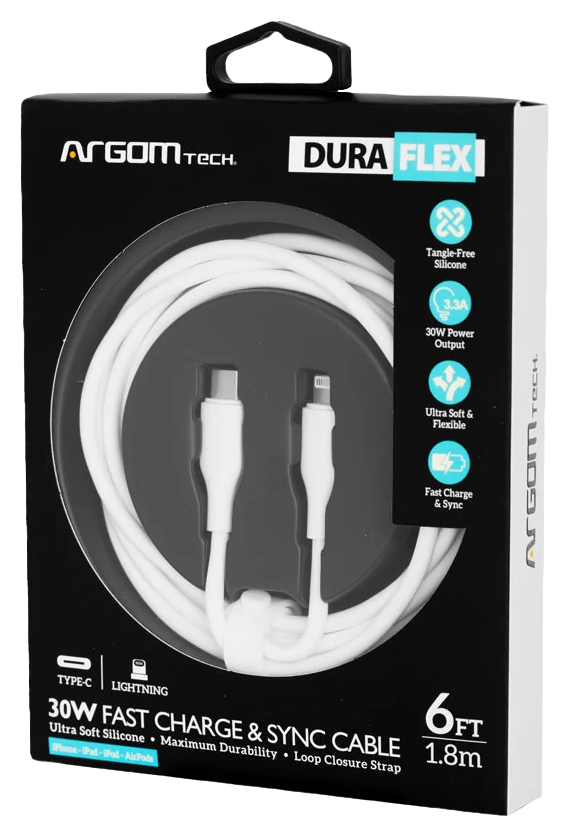 Argom Dura Flex Type-C to Lightning 30W Fast Charging Silicone Cable 6FT/1.8M - White